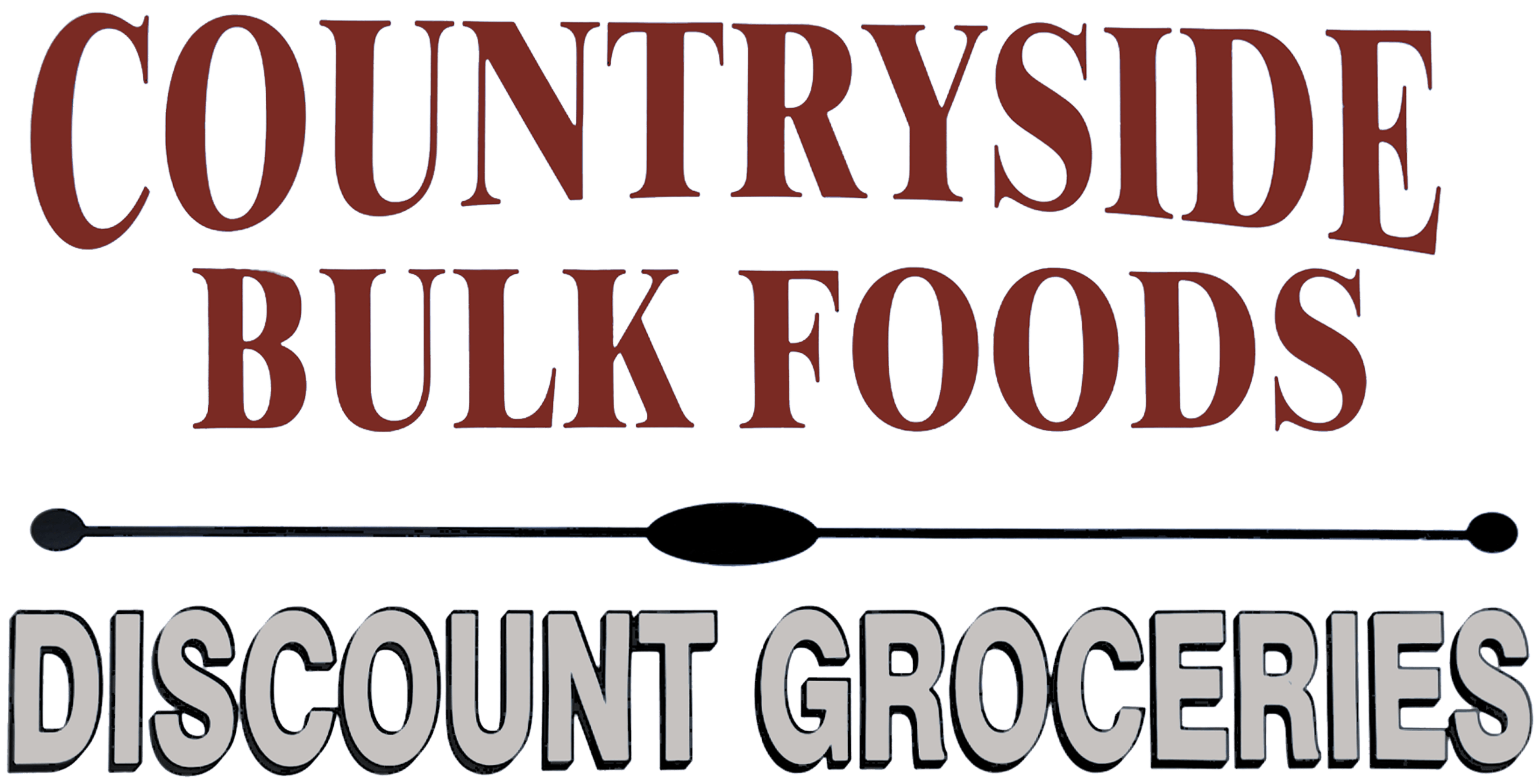 A sign reads "COUNTRYSIDE BULK FOODS" in large red text and "DISCOUNT GROCERIES" in black outlined letters with a horizontal line and oval between the sections.