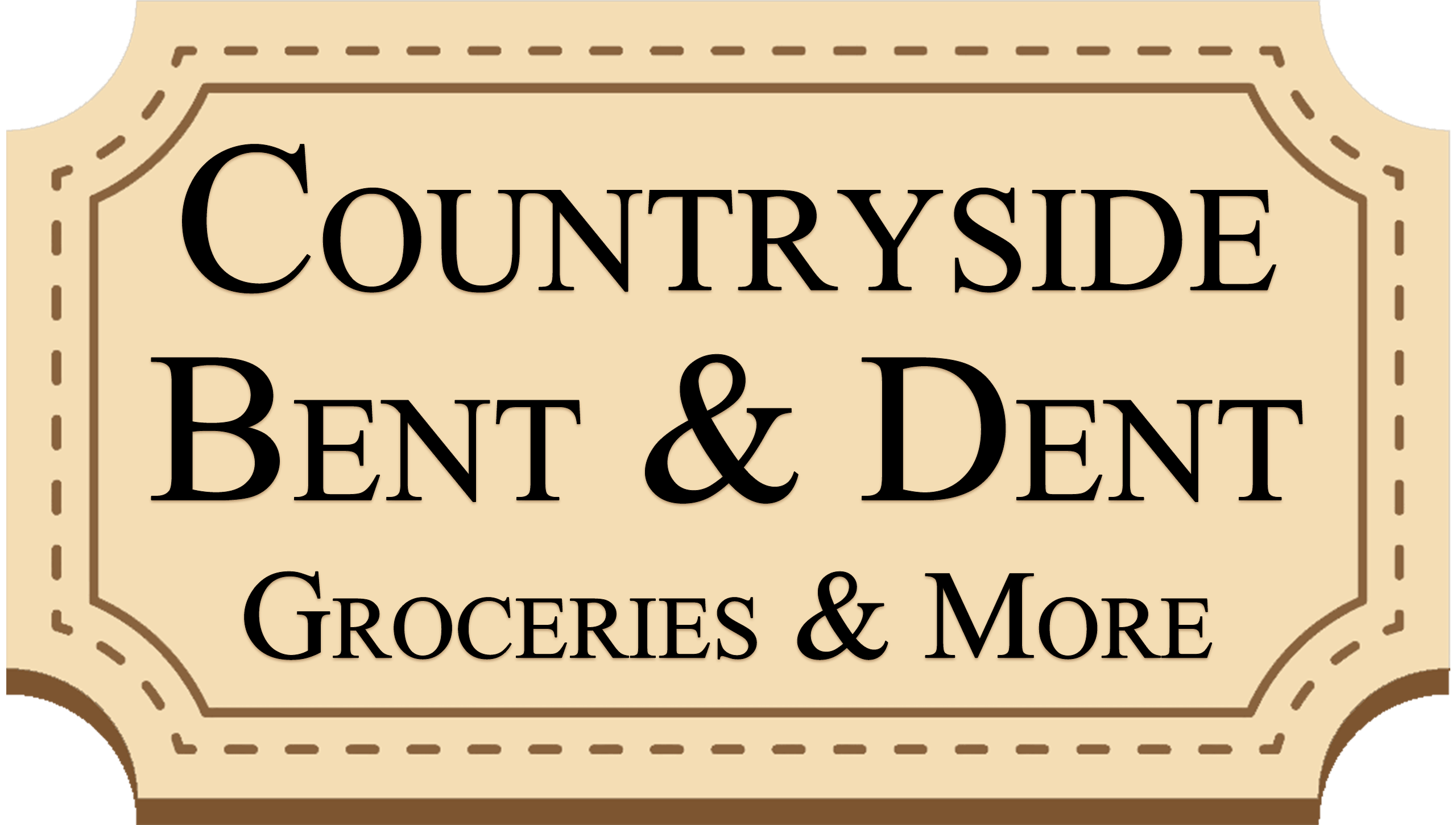 A tan sign with a dotted border reads "Countryside Bent & Dent Groceries & More" in large black letters.