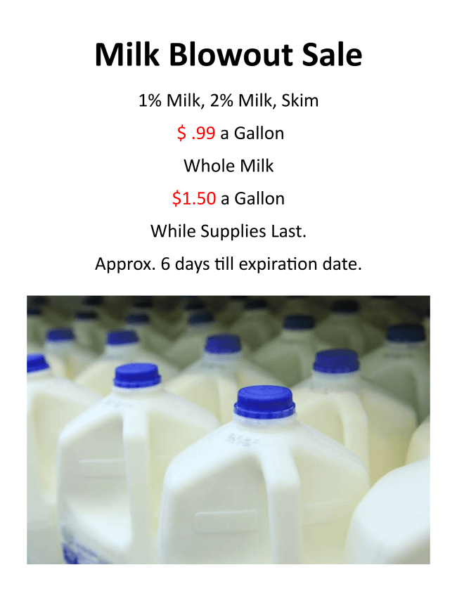 Sign advertising a milk blowout sale with gallons of milk pictured below; 1% and skim milk are $0.99 a gallon, whole milk is $1.50 a gallon, with about six days left until expiration.
