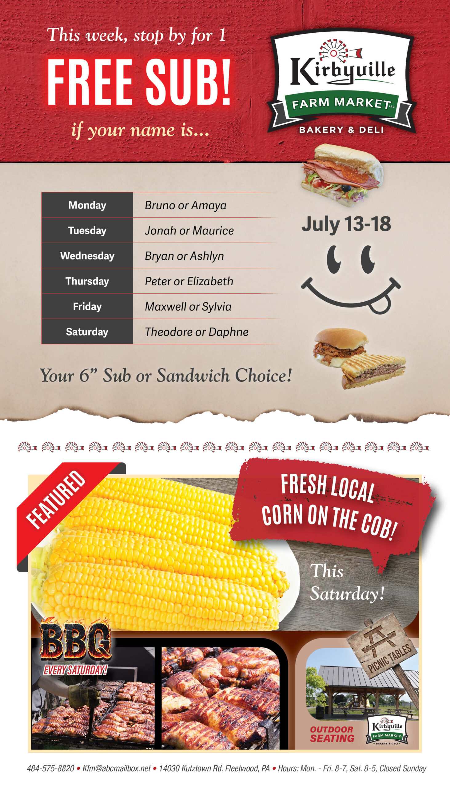 Kirbyville Farm Market flyer offers a free sub to specific names each day, features BBQ and corn on the cob, and highlights event details for July 13-18.