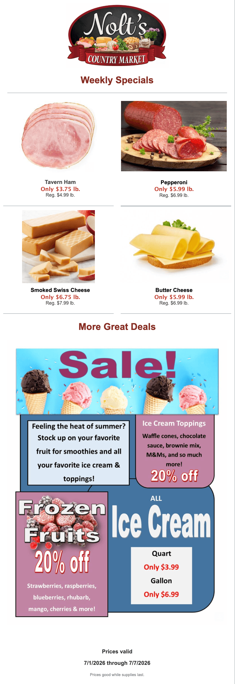 Nolt’s Country Market ad with weekly specials on ham, pepperoni, Swiss cheese, and butter cheese, plus sales on frozen fruits, ice cream, and ice cream toppings.