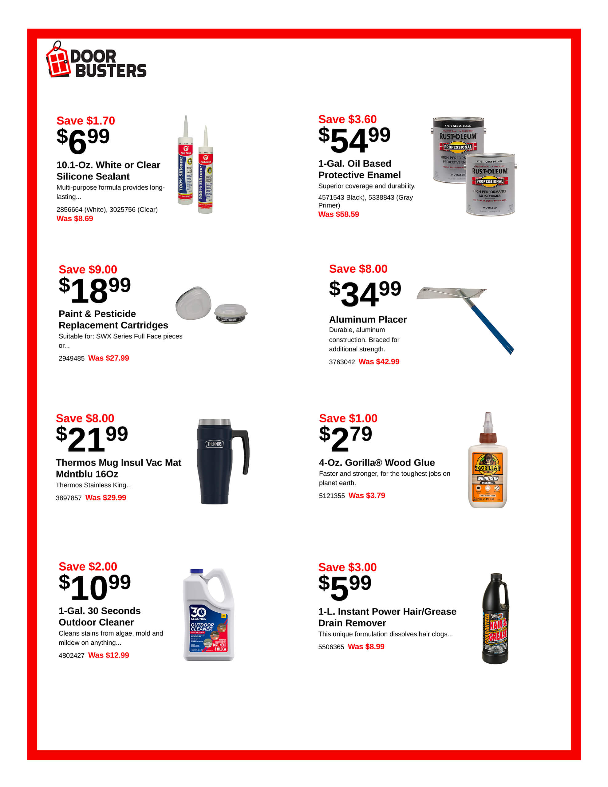 A flyer displays discounted hardware items including sealants, enamel, garden cartridges, a placer, mug, wood glue, outdoor cleaner, and drain opener, each with prices and savings noted.